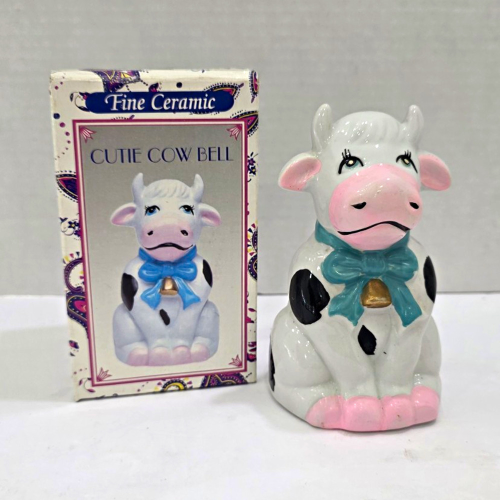 Cutie Cow Bell Fine Ceramic Cow Figurine Black White Pink Blue Bow W/Box 7263